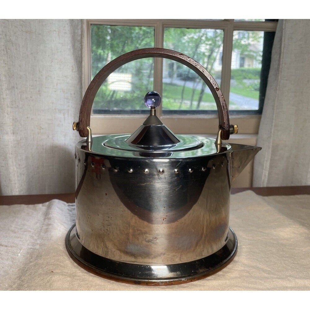 Postmodern Bodum Ottoni Tea Kettle Stainless Steel Wood Handle Blue Finial Italy